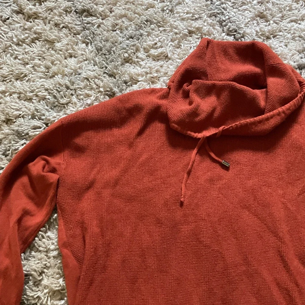 Jones New York Signature Rust Orange Waffle Knit Cowl Neck Drawstring Sweater M